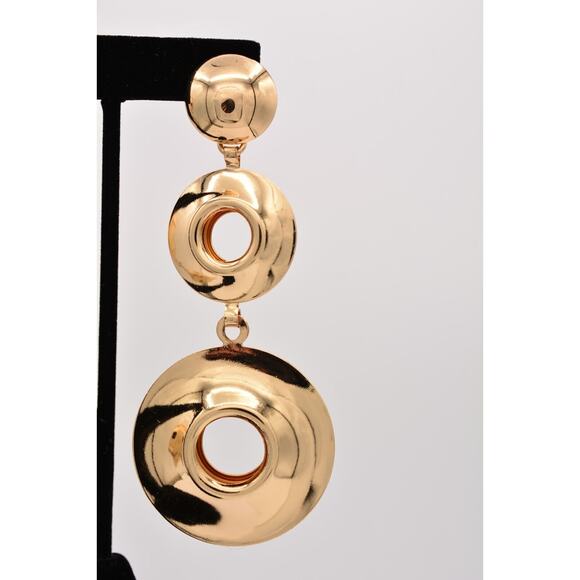 Vintage Chunky Dangle Earrings Shiny Gold Tone Puffy Metal Bold Long 1990s BinZ - Picture 7 of 12